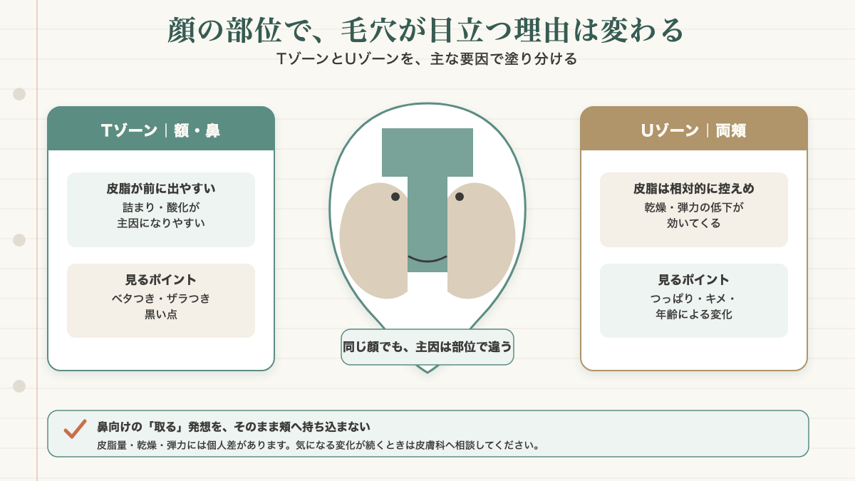 顔を額と鼻のTゾーンと両頬のUゾーンに分け、毛穴が目立つ主な要因が部位で異なることを示した図。Tゾーンは皮脂や詰まりが中心、頬は乾燥や弾力の低下が効いてくることを表す。
