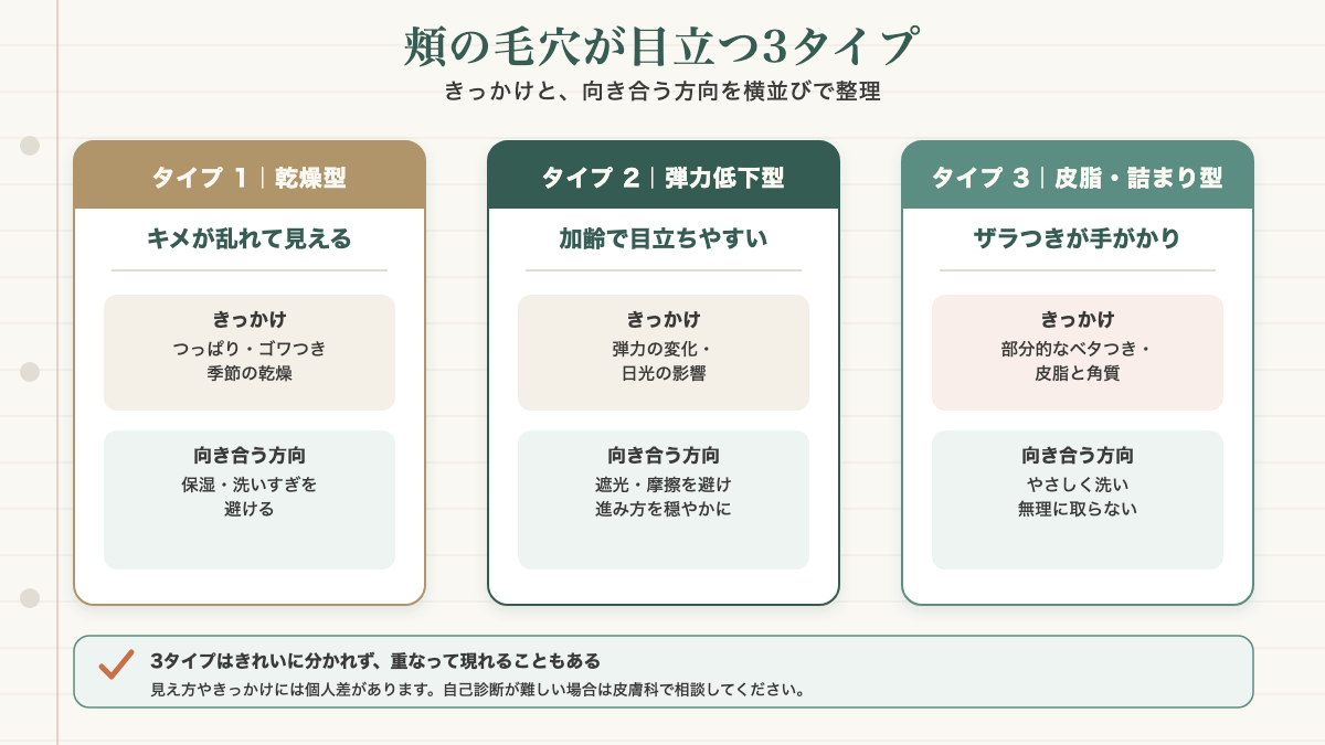頬の毛穴が目立つ3つのタイプを乾燥型・弾力低下型・皮脂詰まり型として横並びに示し、それぞれのきっかけと向き合う方向を対応させた図。