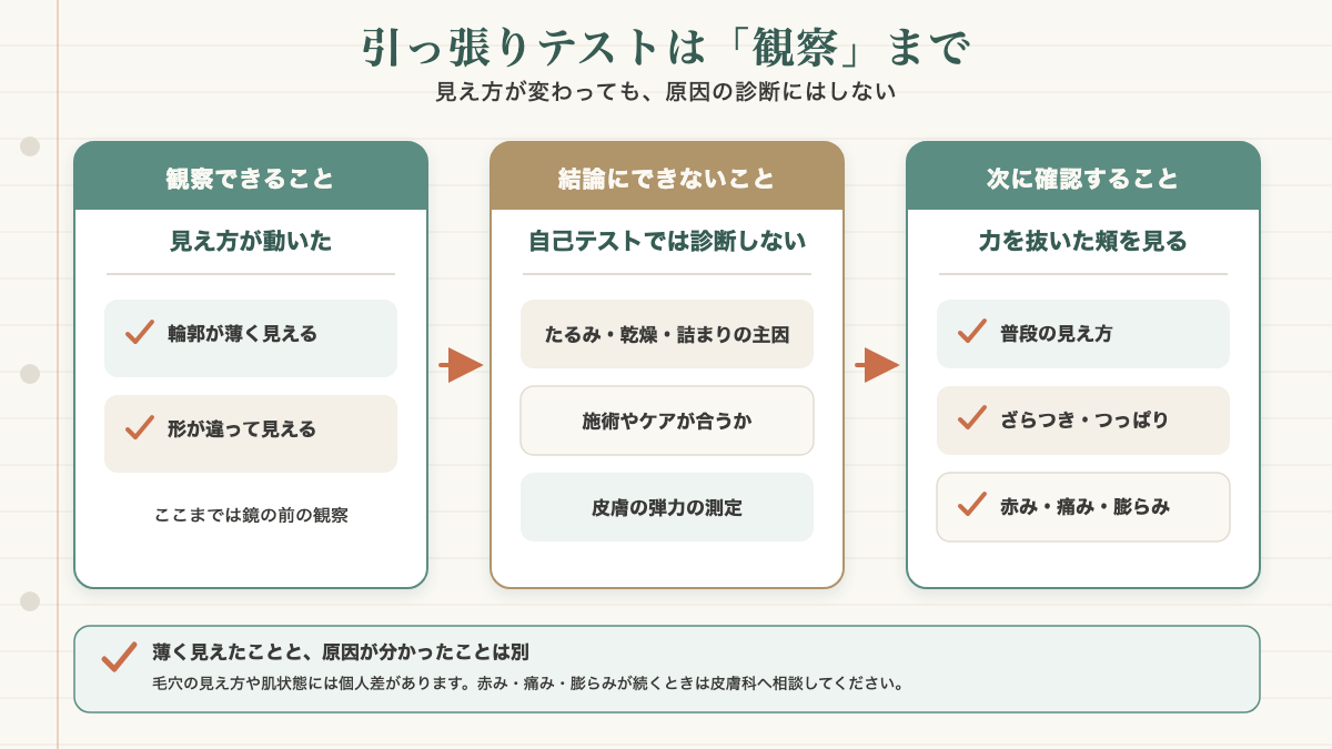 頬を引っ張ったときに観察できる見え方の変化と診断できない範囲、次に確認する肌状態を分けた図