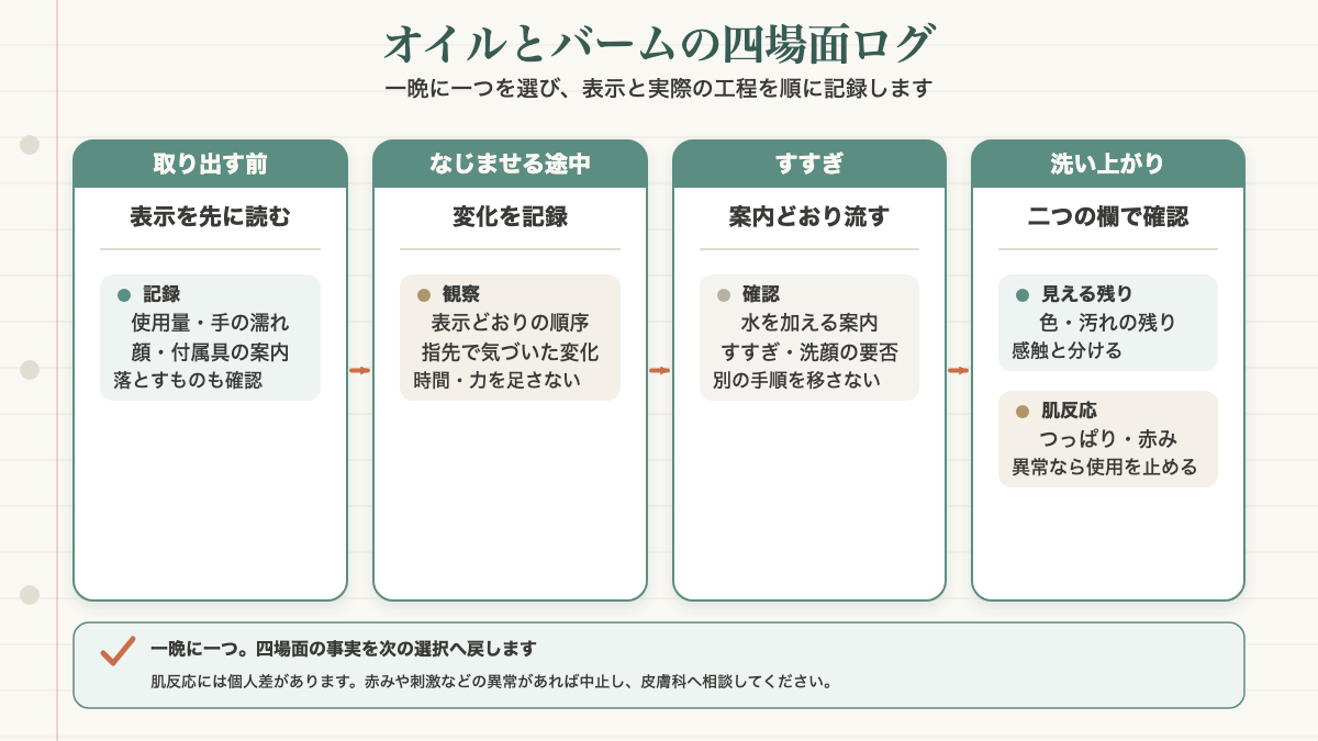 クレンジングオイルとバームを一度に順位づけず、一晩に一つを選び、取り出す前の表示、なじませる途中の状態、すすぎ方、洗い上がりの見える残りと肌反応を四場面で記録し、赤みや刺激があれば中止する手順フロー