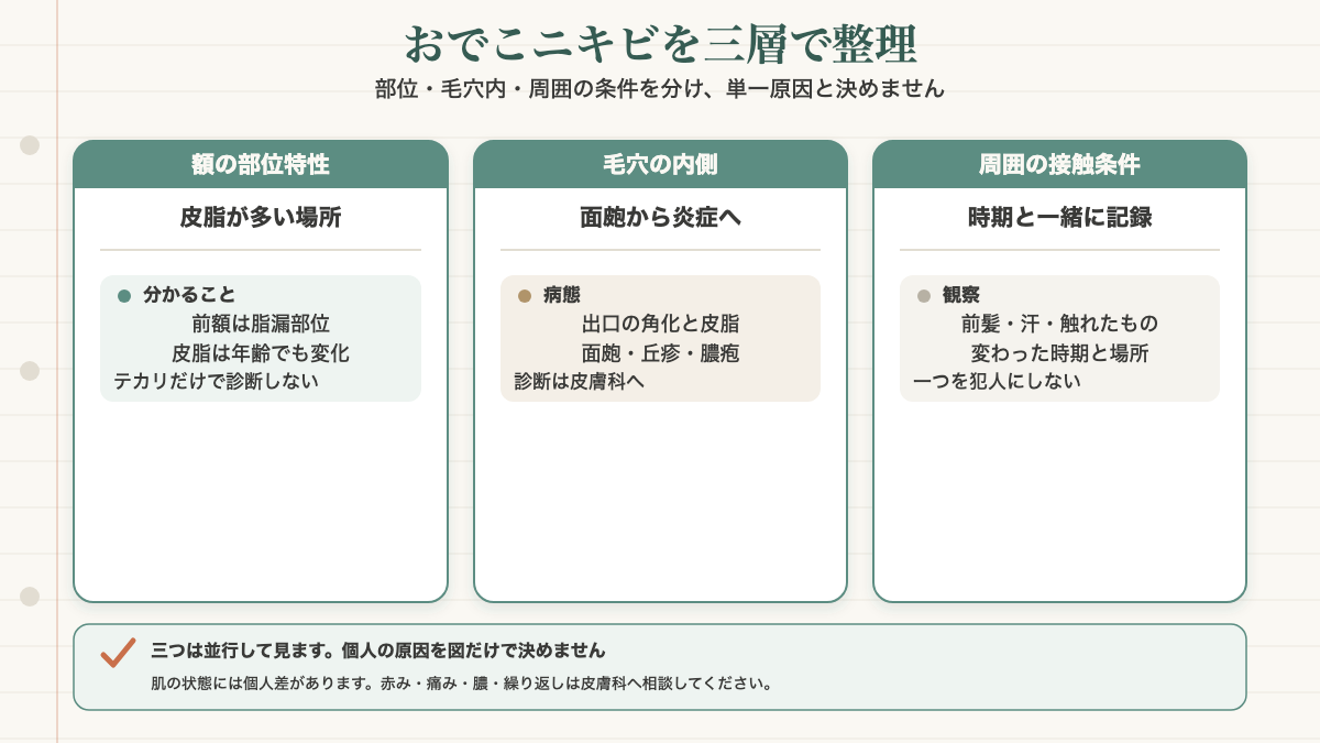 おでこのニキビを、額が皮脂の多い部位であること、毛穴の出口の詰まりから面皰や炎症へ進むこと、前髪や汗など周囲の接触条件が重なることの三つに分け、単一原因と決めない関係図