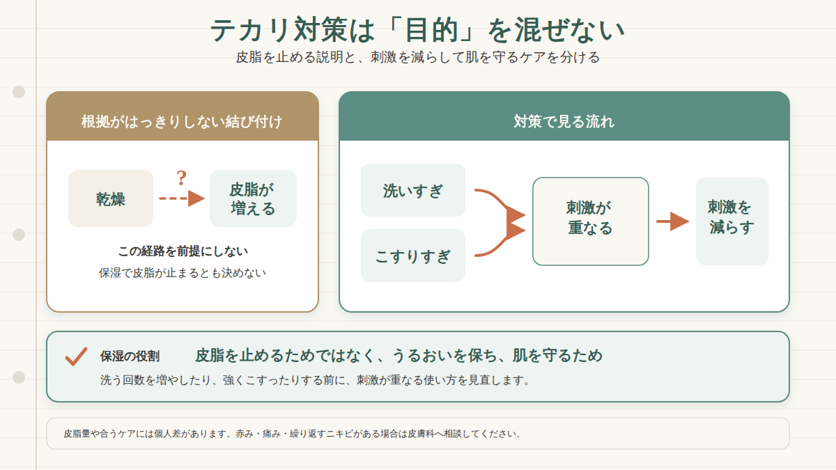乾燥で皮脂が増えるという説明は根拠がはっきりせず、洗いすぎやこすりすぎによる刺激を減らし、保湿は肌を守る目的で考える関係図