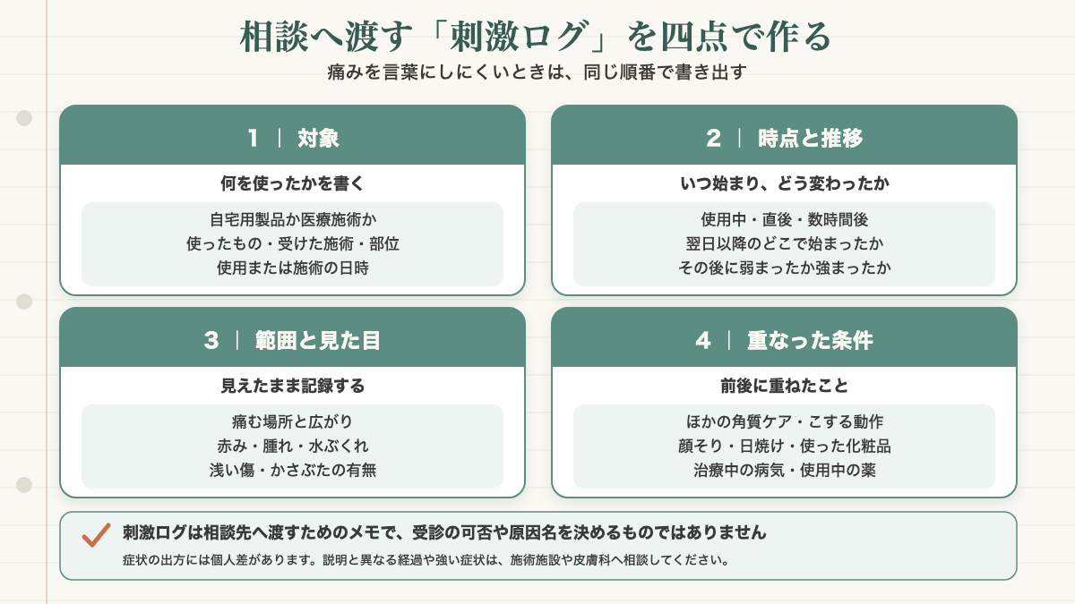 ピーリング後の刺激について製品・施術と部位、起きた時点と推移、赤みや水ぶくれなどの範囲と見た目、重ねたケアの4点を記録して相談先へ伝える刺激ログ