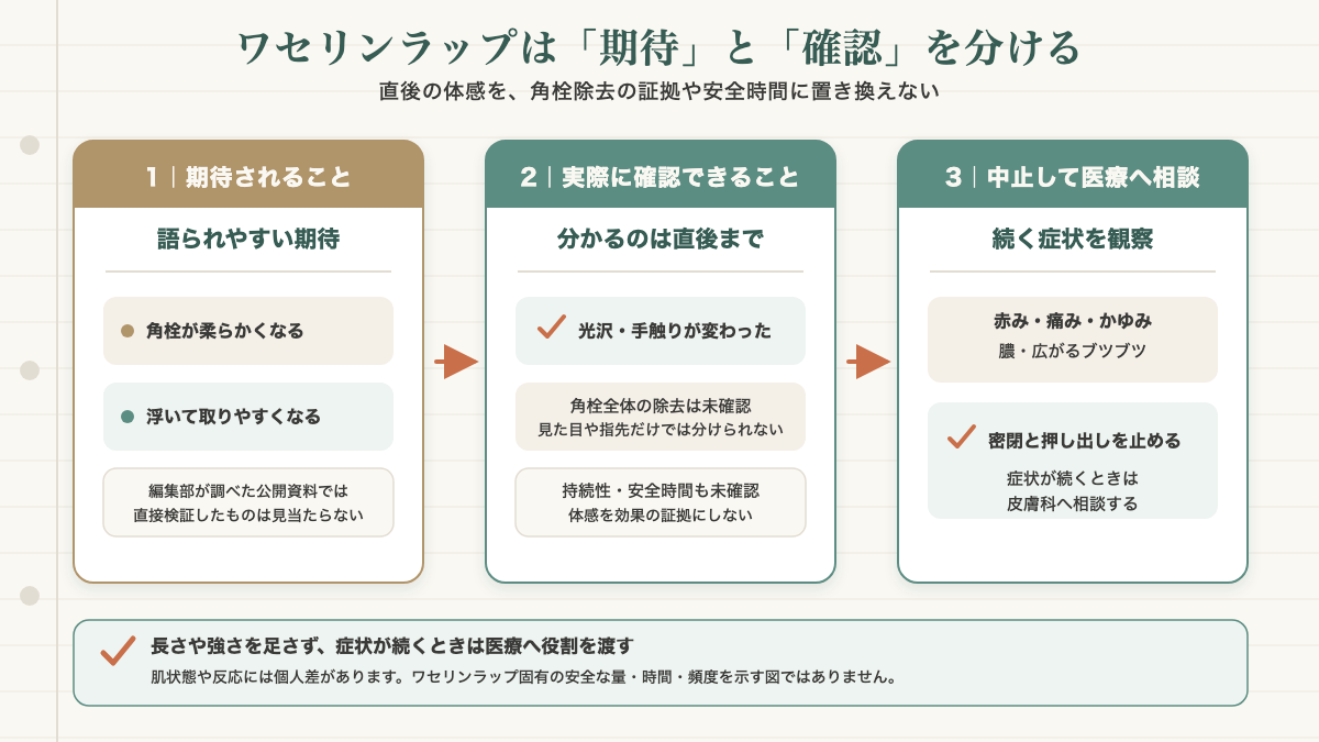 ワセリンラップに期待されること、実際に確認できること、中止して医療へ相談する症状を分けた図