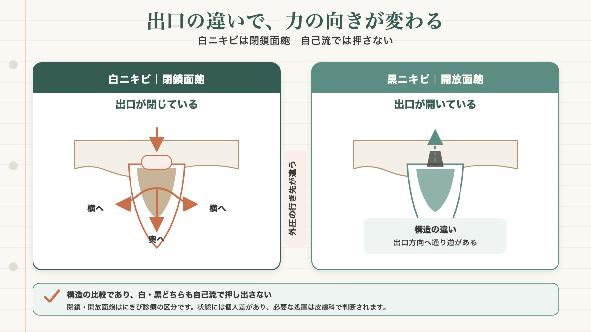 出口が閉じた白ニキビ(閉鎖面皰)の毛穴断面図。外から押した力が表面に抜けず、横や奥へ向かう様子を矢印で示し、出口が開いた黒ニキビとの力の向きの違いを段階で説明した教育図。