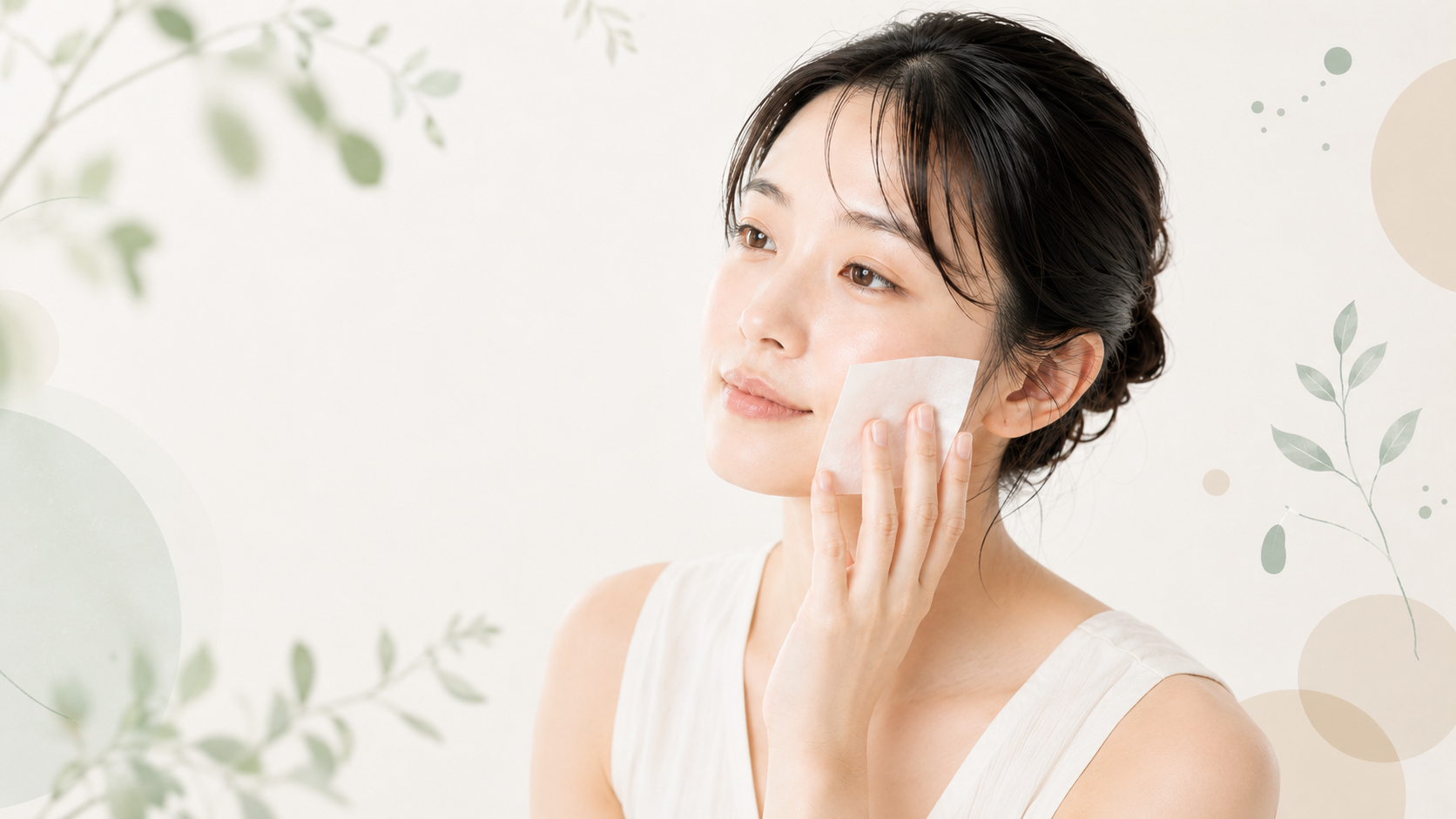 あぶらとり紙を頬へ軽く当てている女性