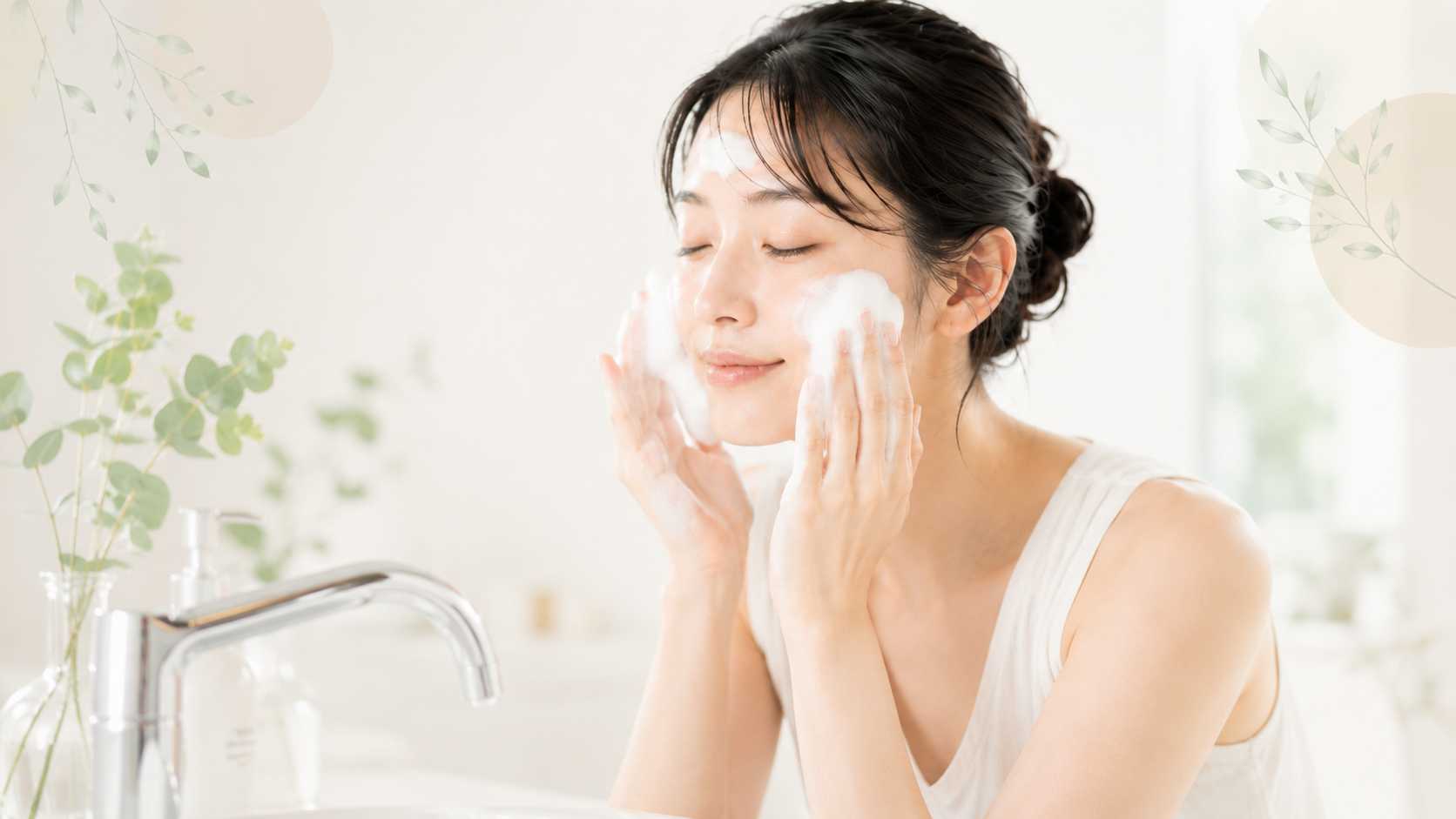 洗面台で泡を顔へ広げて洗っている女性