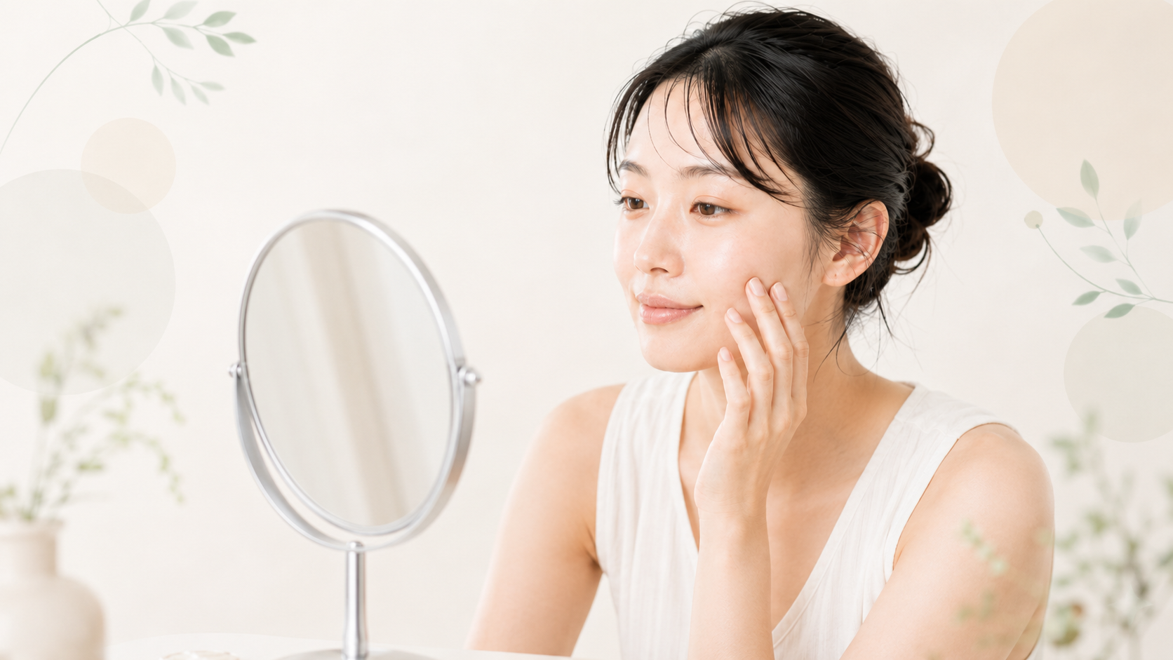 卓上鏡を見ながら指先で頬に触れている女性