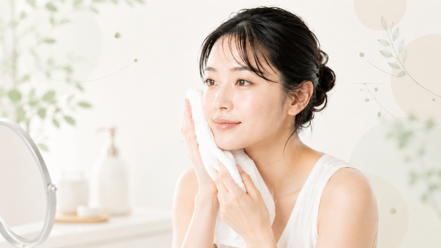 洗顔後にタオルを頬へやさしく当てている女性
